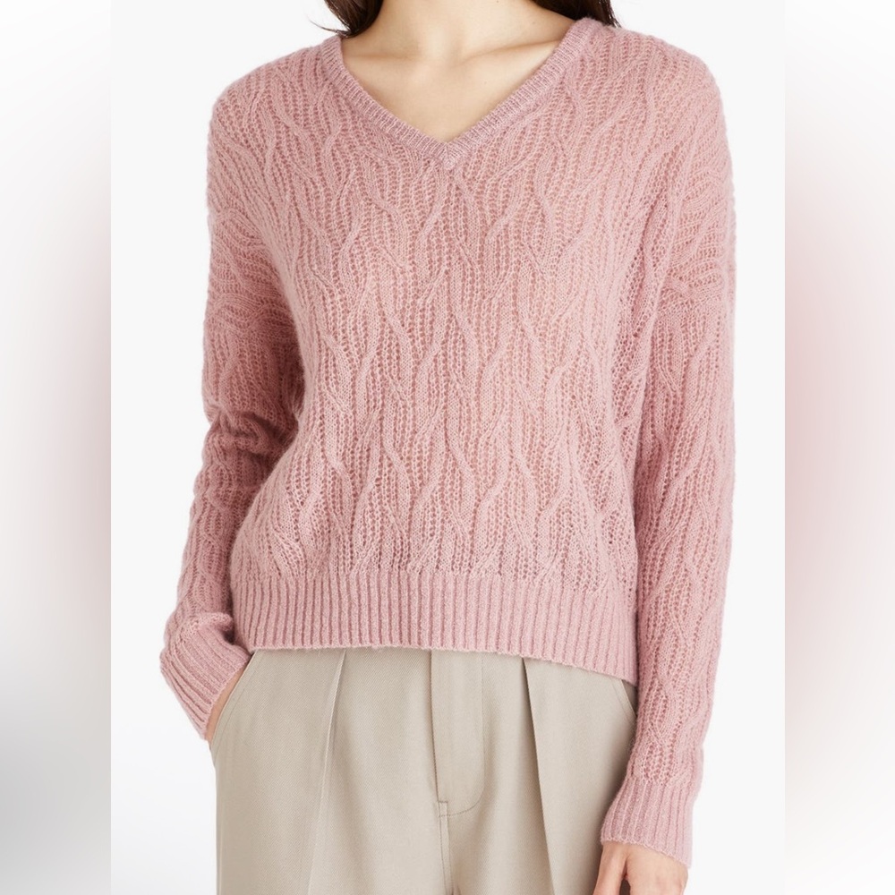 Madewell Pink V-Neck Sweater with Cable Knit Design